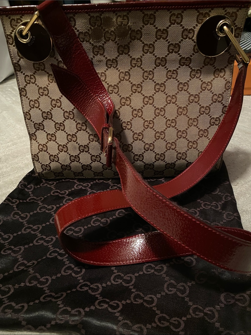 Vintage Gucci Beige GG Canvas Tote with Burgundy Leather Straps